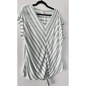 Women's 3X  Pastel Green White Striped Pullover Blouse Tie‎ Front Cuffed Sleeves